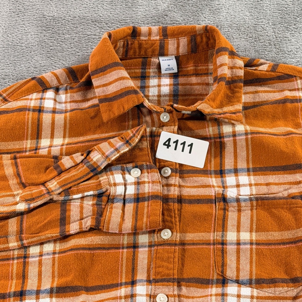 Old Navy Boyfriend Shirt Womens M Orange Plaid Flannel Long Sleeve 613773-00